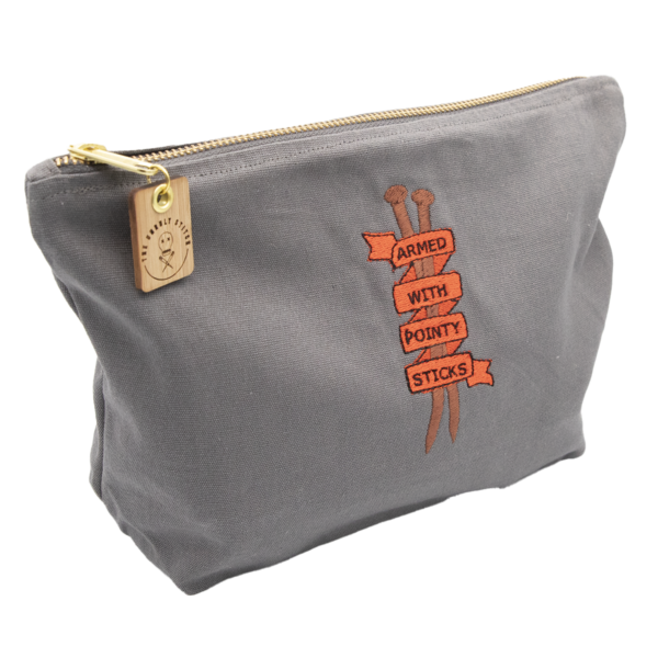 embroidered cotton pouch bag - ribbon and text "armed with pointy sticks"