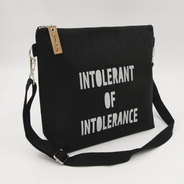 Black linen zipped bag with Intolerant of intolerance print