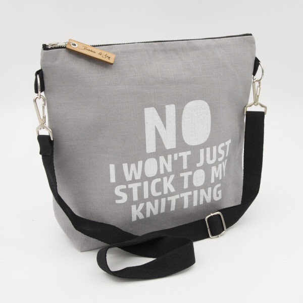 Silver linen zipped bag with NO I WON'T JUST STICK TO MY KNITTING print