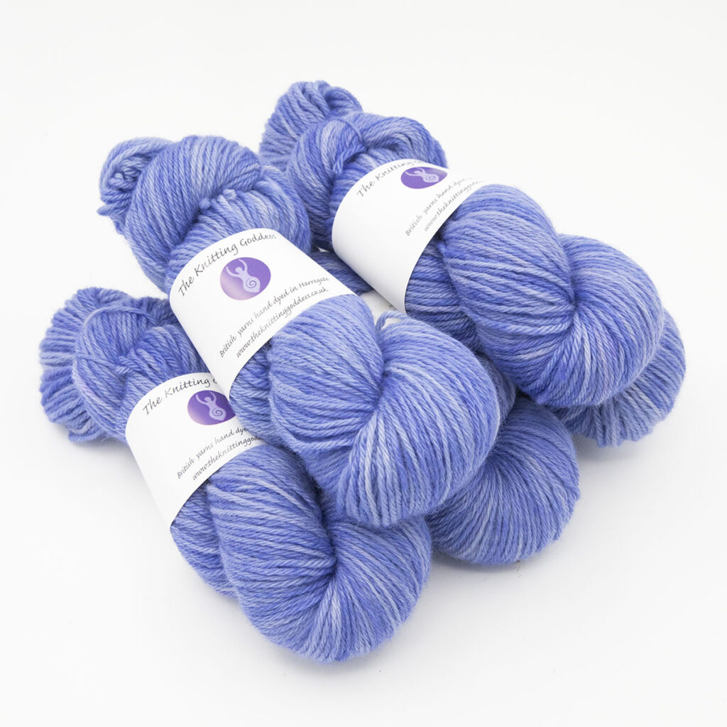 Hyacinth hand dyed skeins of DK Blue Faced Leicester wool
