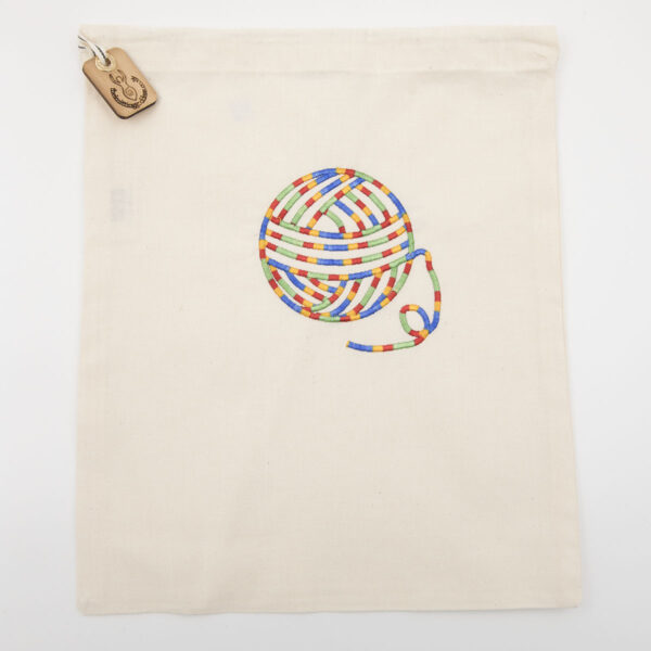 drawstring bag with multicoloured embroidered ball of yarn