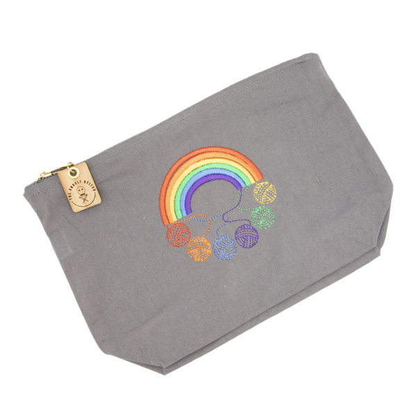 embroidered cotton pouch bag - rainbows and balls of yarn