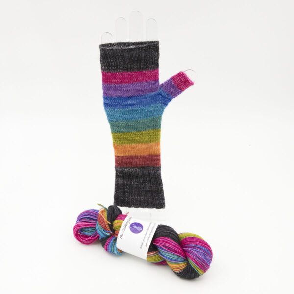 Coal broad stripe rainbow mini skein mitten kit 4ply BFL hand dyed with mitt sample