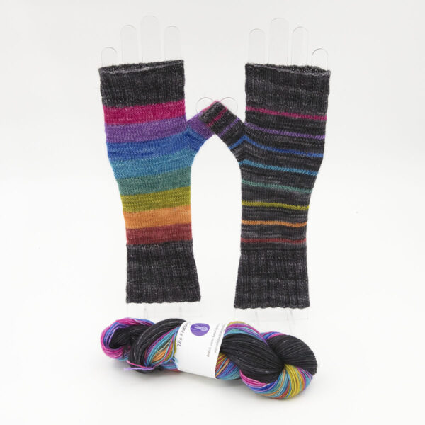 Coal mixed stripe rainbow mini skein mitten kit 4ply BFL hand dyed with mitt sample