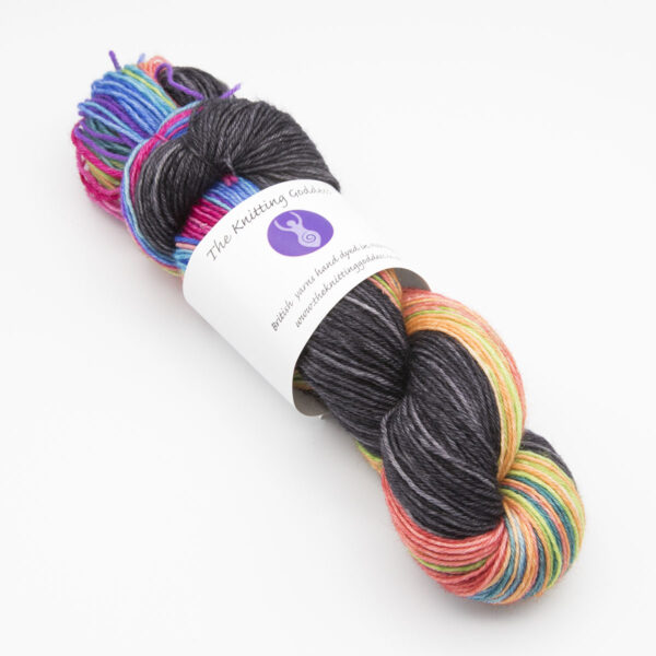 wonky rainbow Coal mixed stripe rainbow mini skein mitten kit 4ply BFL hand dyed