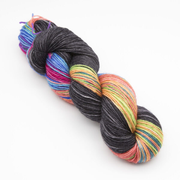wonky rainbow Coal mixed stripe rainbow mini skein mitten kit 4ply BFL hand dyed