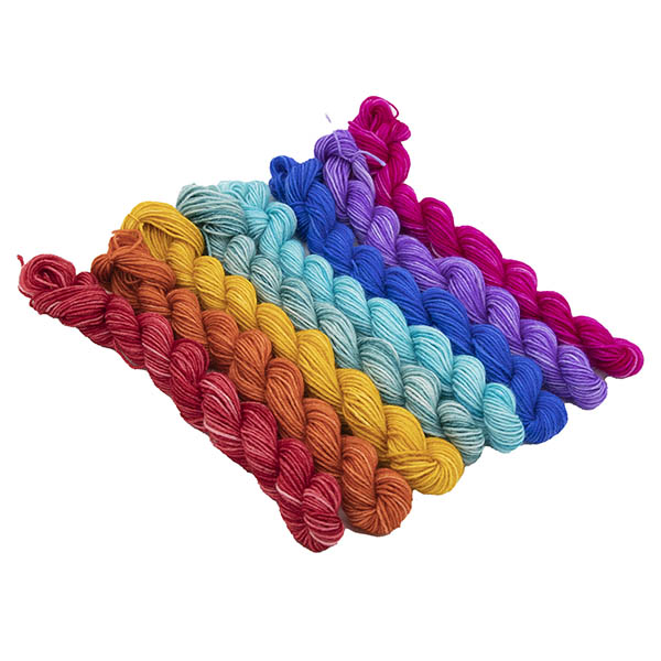 set of eight mini BFL nylon skeins hand dyed in semi solid colours. Each skein is different colour an together the set makes up the colours of the original Pride flag
