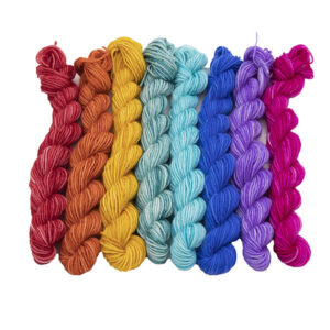 set of eight mini BFL nylon skeins hand dyed in semi solid colours. Each skein is different colour an together the set makes up the colours of the original Pride flag