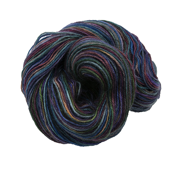 Skein of hand dyed yarn in black rainbow