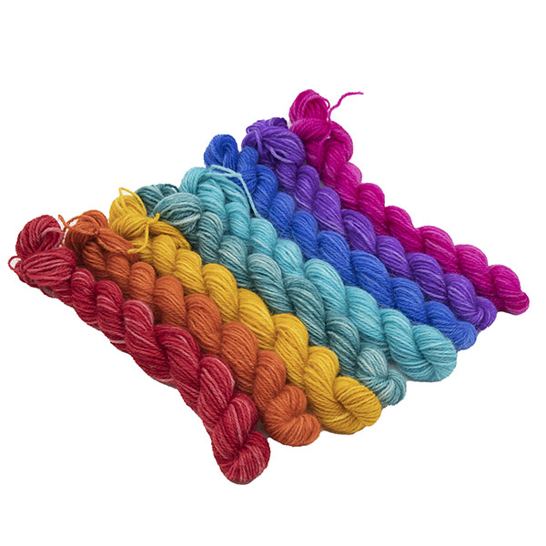 set of eight mini Britsock skeins hand dyed in semi solid colours. Each skein is different colour an together the set makes up the colours of the original Pride flag