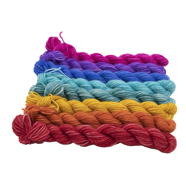 set of eight mini Britsock skeins hand dyed in semi solid colours. Each skein is different colour an together the set makes up the colours of the original Pride flag