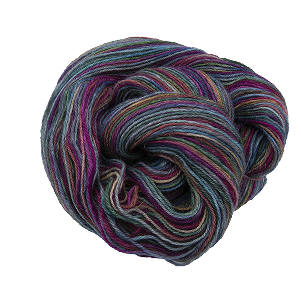 Skein of hand dyed yarn in silver rainbow