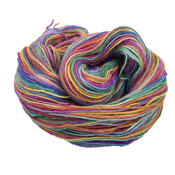 Skein of hand dyed yarn in ultimate rainbow