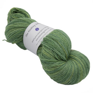 skein of olive green colour hand dyed Britsock yarn from The Knitting Goddess with ball band