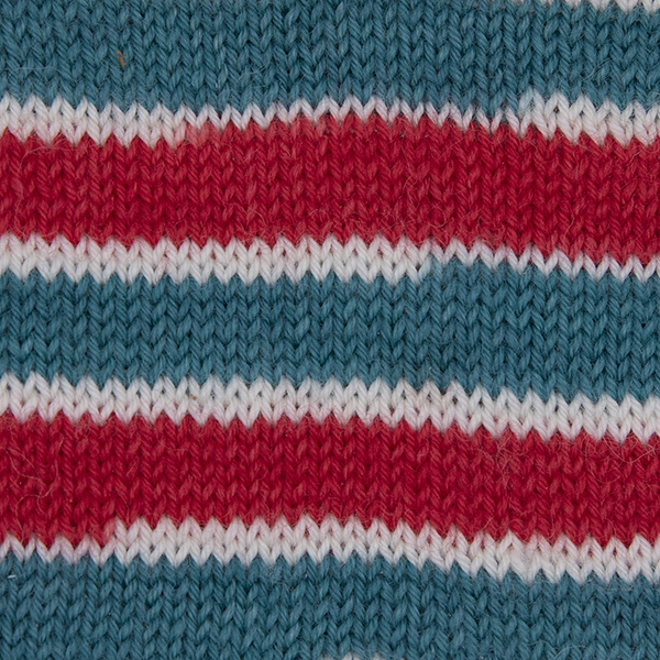candy cane yarn red and green broad stripes separated by narrow stripes of white sample showing how it knits up.