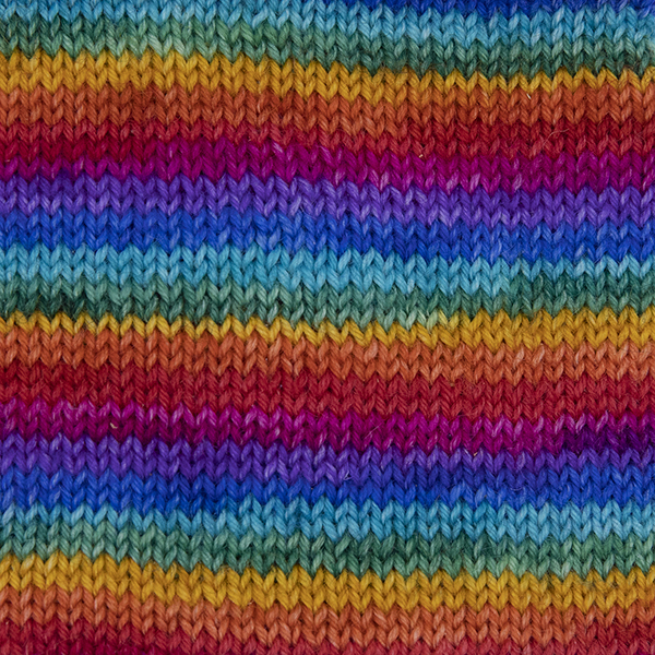 rainbow yarn, red, orange. yellow, green, turquoise,blue, violet, pink .Sample showing how it knits up.