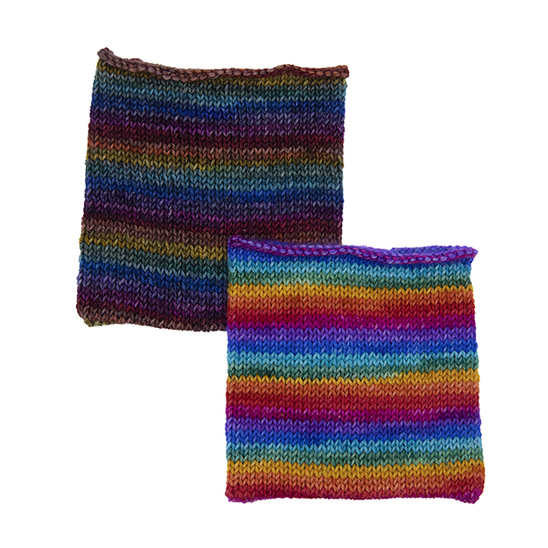 knitted swatches of rainbow and dark rainbow sock yarn. Both red, orange, yellow, green, turquoise, blue, violet and pink stripes. Dark rainbow is overdyed with black.