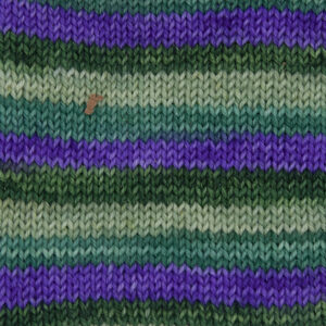 Violet meadow yarn, purple with three greens, sample showing how it knits up.