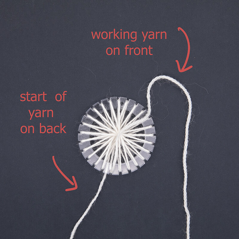 small circular loom wrapped with cream yarn showing start and end of yarn