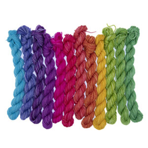 12 mini skeins in colour wheel order from turquoise through to green.
