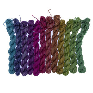 12 mini skeins in colour wheel order from turquoise through to green. All overdyed with black.