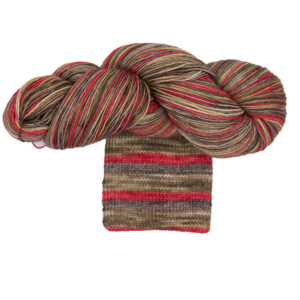 skein of hand dyed self striping yarn in robin colourway - red and three shades of brown. Shown with swatch showing how the stripes knit up.