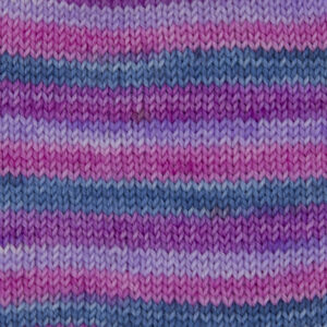 Close up of knitted swatch of sweet pea yarn showing stripes of blue,violet, pink and plum
