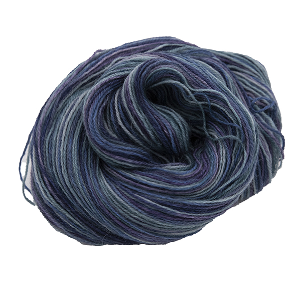 skein of hand dyed britsock yarn in misty and murky with slate blue, teal green and muted purple