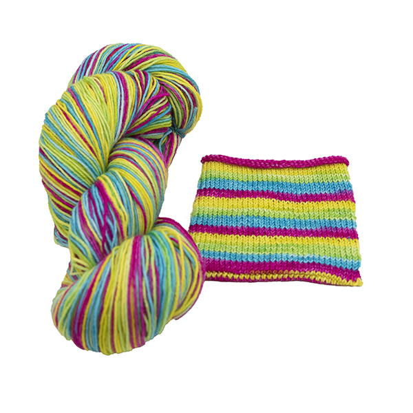 skein of neon self striping yarn with yellow, turquoise, lime and pink hand dyed by The Knitting Goddess