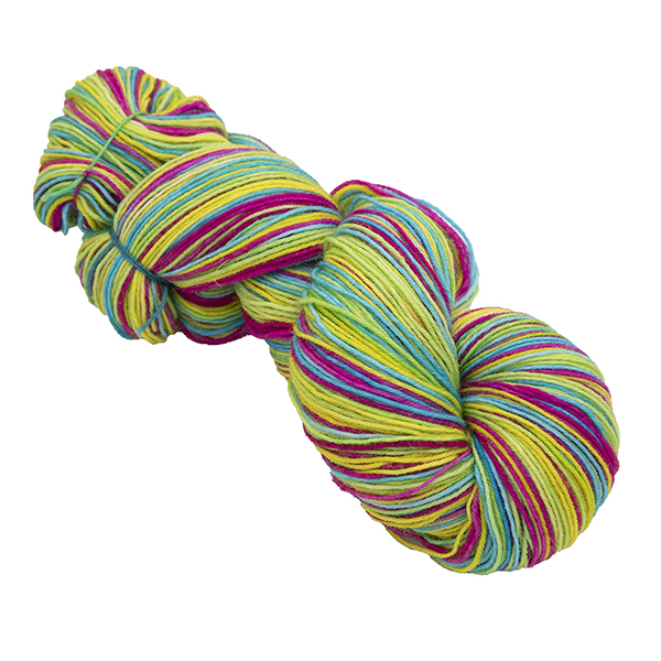 skein of neon self striping yarn with yellow, turquoise, lime and pink hand dyed by The Knitting Goddess