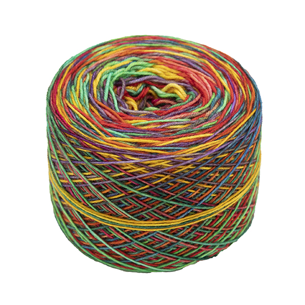 Ball of self striping sock yarn Golden Rainbow . Rainbow colours overdyed with bright gold giving brigth oranges, yellows and limes colours
