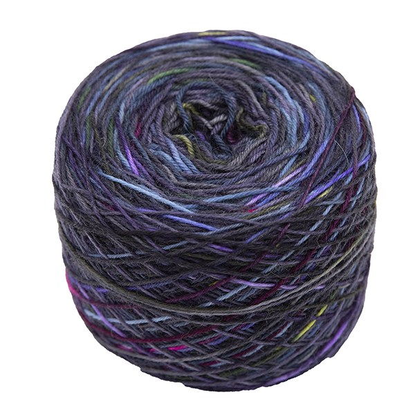 Ball of self striping sock yarnHope ~ the light within the dark , dark grey, purple and blue with speckles of bright pink, gold and lilac