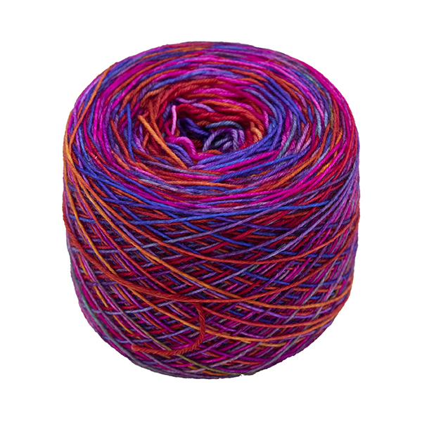 Ball of self striping sock yarnPink Rainbow . Rainbow colours overdyed with bright pink giving sunset colours,
