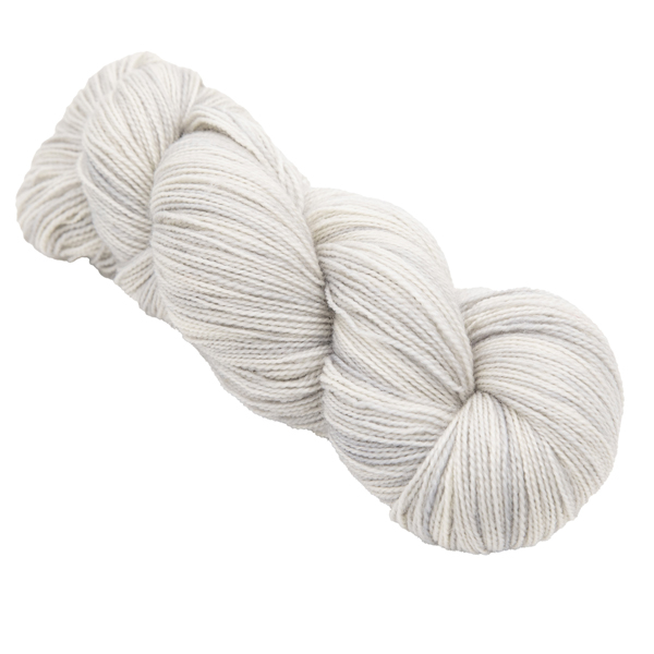 skein of hand dyed pale silver sock yarn