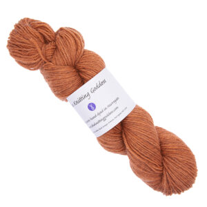 orange skein of hand dyed yarn with The Knitting Goddess ball band
