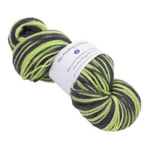 hand dyed DK sock yarn in lime and black with The Knitting Goddess ball band