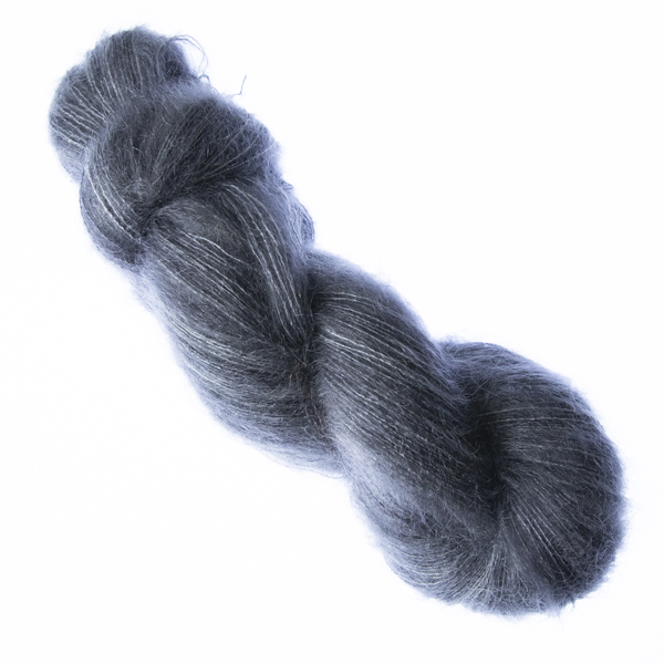 Charcoal hand dyed fluffy mohair silk yarn in a skein