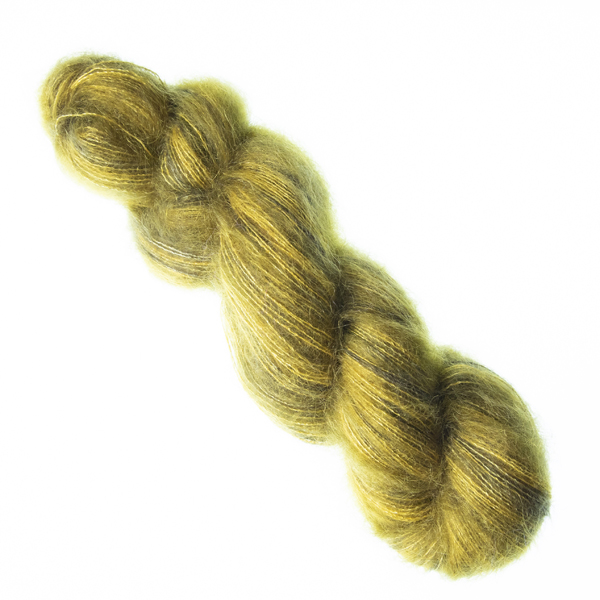 Grellow hand dyed fluffy mohair silk yarn in a skein