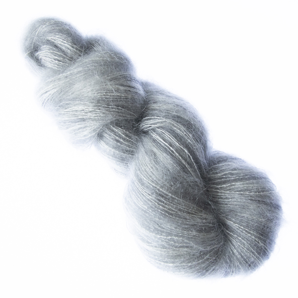 Silver hand dyed fluffy mohair silk yarn in a skein