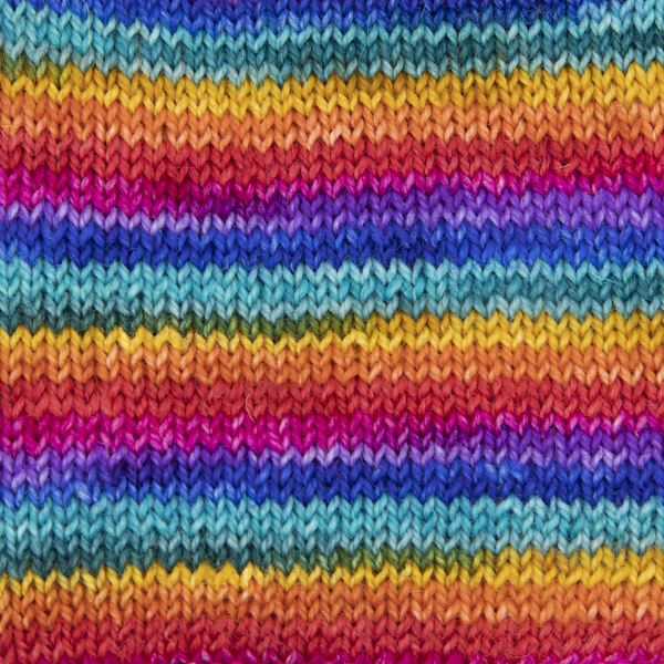 Swatch showing stripes of rainbow colours, a round or two of each, close up view