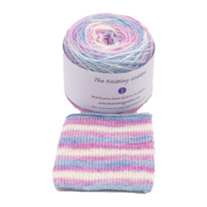 Swatch showing stripes of pale blue, pale pink, white, pale pink. Yarn is hand dyed in pale, blue, pink and white of the Transsexual Pride Flag