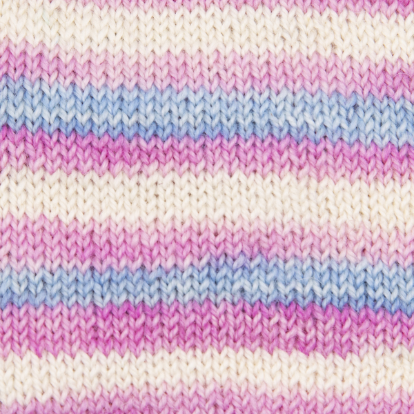 Swatch showing stripes of pale blue, pale pink, white, pale pink. Close up view