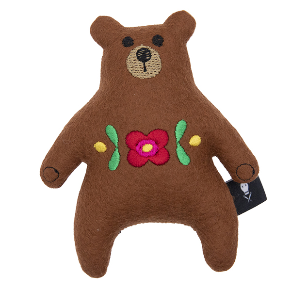 brown felt bear embroidered with pink and yellow flowers