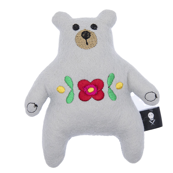 silver felt bear embroidered with pink and yellow flowers