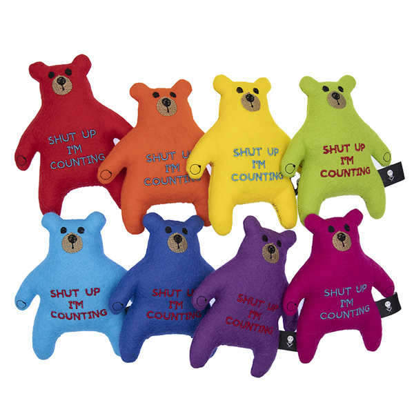 eight bears, each a different rainbow colour embroidered with the text "SHUT UP I'M COUNTING"