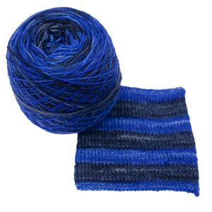 navy and blue self striping sock yarn with knitted sample