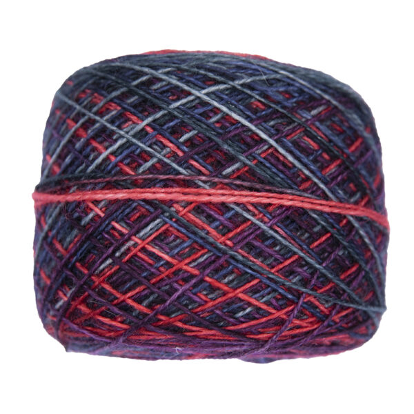 plum, dark green, navy and red self striping sock yarn in yarn cake, view from the side