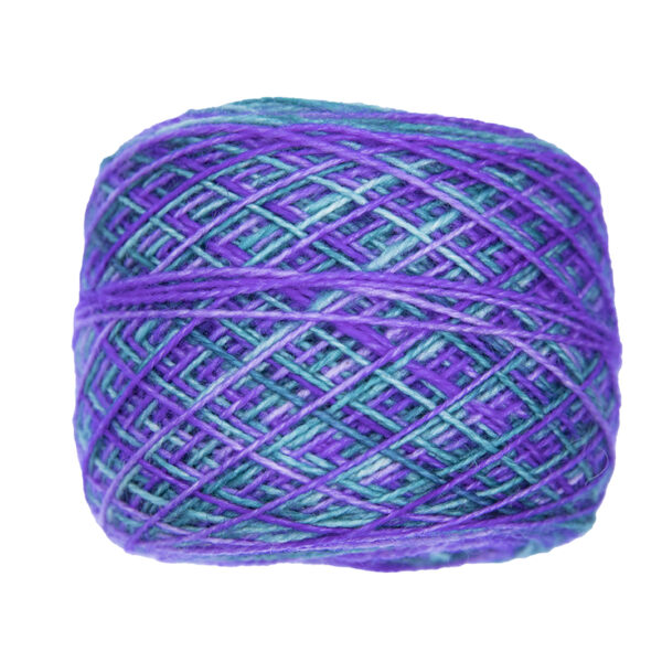 purple and jade green self striping sock yarn in yarn cake, view from the side