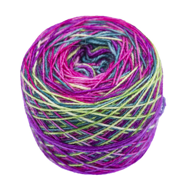 wisteria, green, pink and lime self striping sock yarn in yarn cake, view from the side
