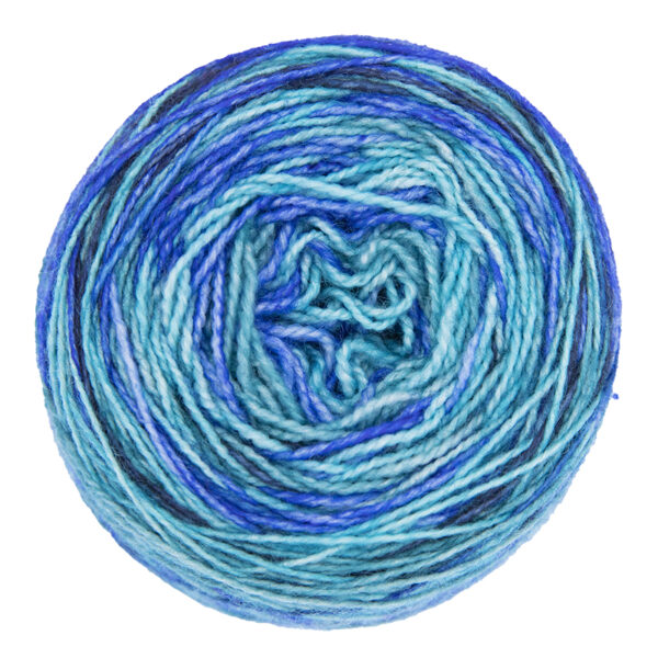 turquoise, navy, green and blue self striping sock yarn in yarn cake, view from above